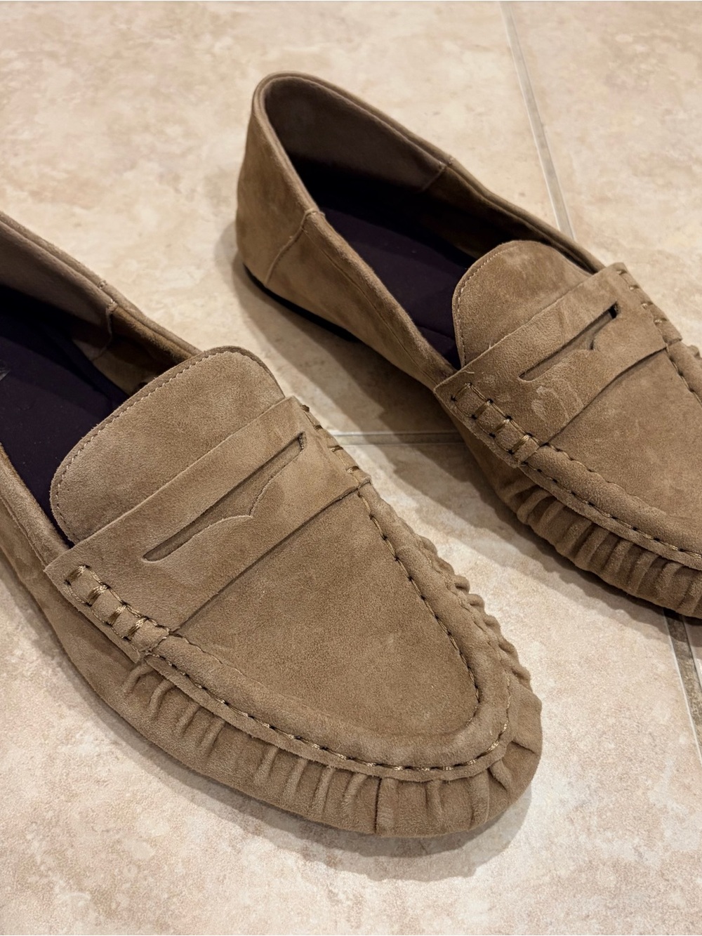 Zara Suede Penny Loafers in Taupe Brown